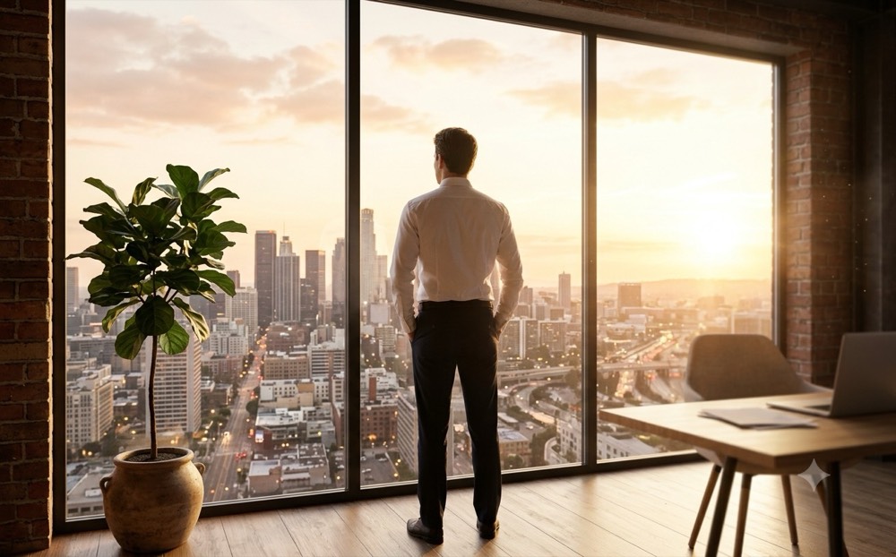 Gründer am Fenster mit Blick auf die Stadt